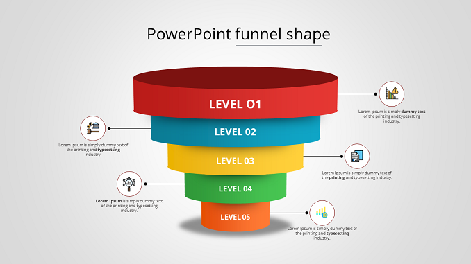 Simple and colorful graphic funnel design for PowerPoint presentations and google slides. Download now at slidesgeek.com